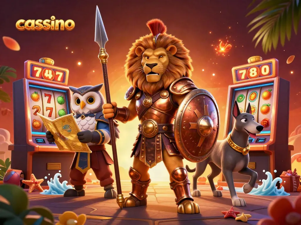 Experience thrill and strategy at the casino as heroic characters engage in a lively game with vibrant slot elements.