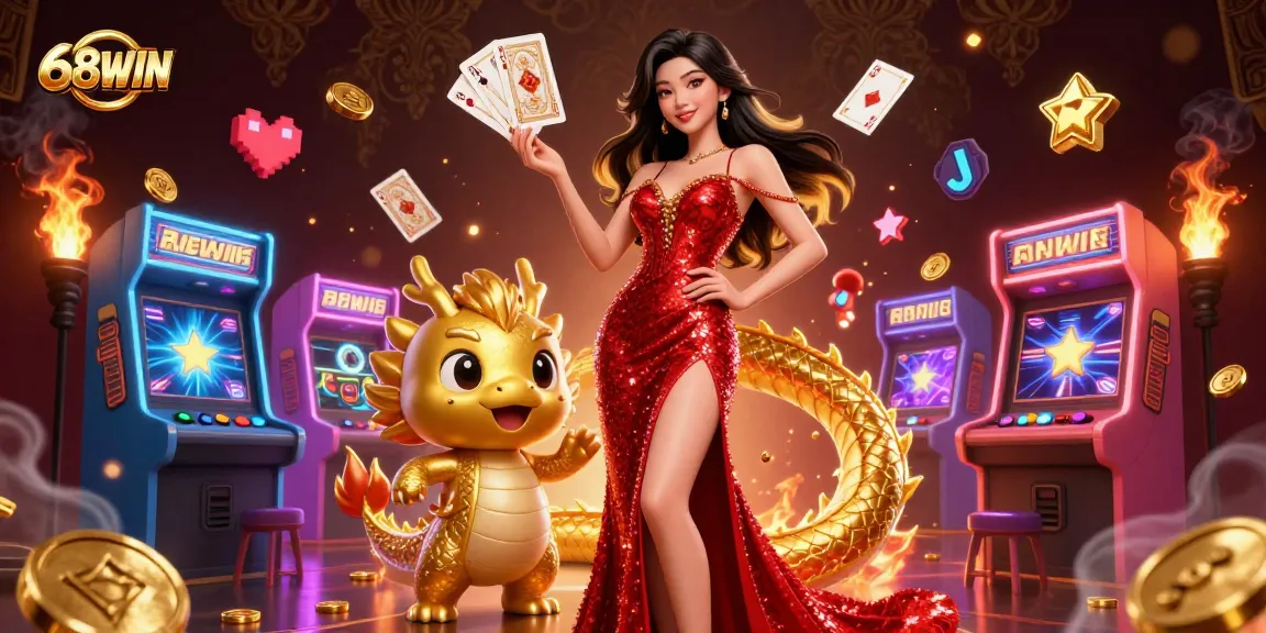 Engage with 68WIN’s thrilling gaming experience featuring a glamorous scene with a confident woman and golden dragon.