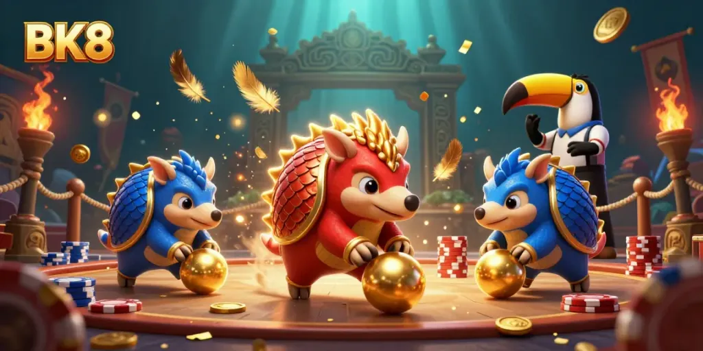 BK8 pangolins compete in a vibrant casino-themed arena with poker chips and golden scales.