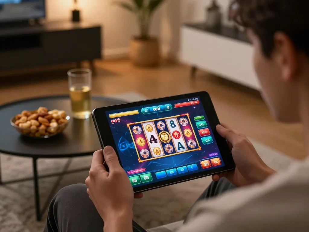 Engaging gaming moment featuring the go8 app on a tablet with vibrant slots in play