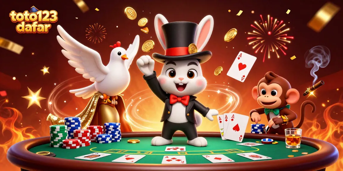 Toto123 daftar showcases magical gambling excitement with a magician rabbit and vibrant gaming elements.