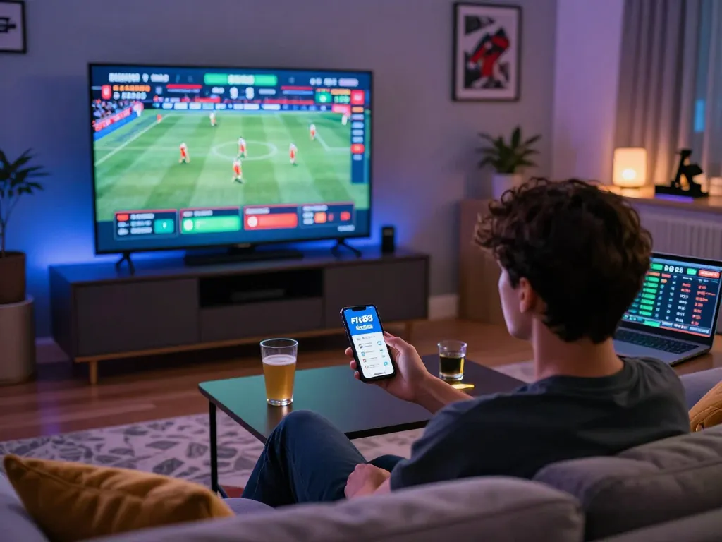 Person engaging with fly88 sports betting app in a lively home setting during live events.
