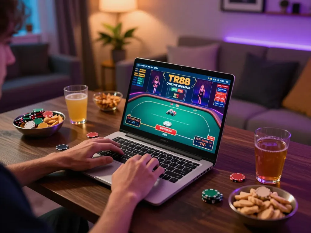 Engaging with TR88 online gaming, a player strategizing on a laptop during a cozy home session.