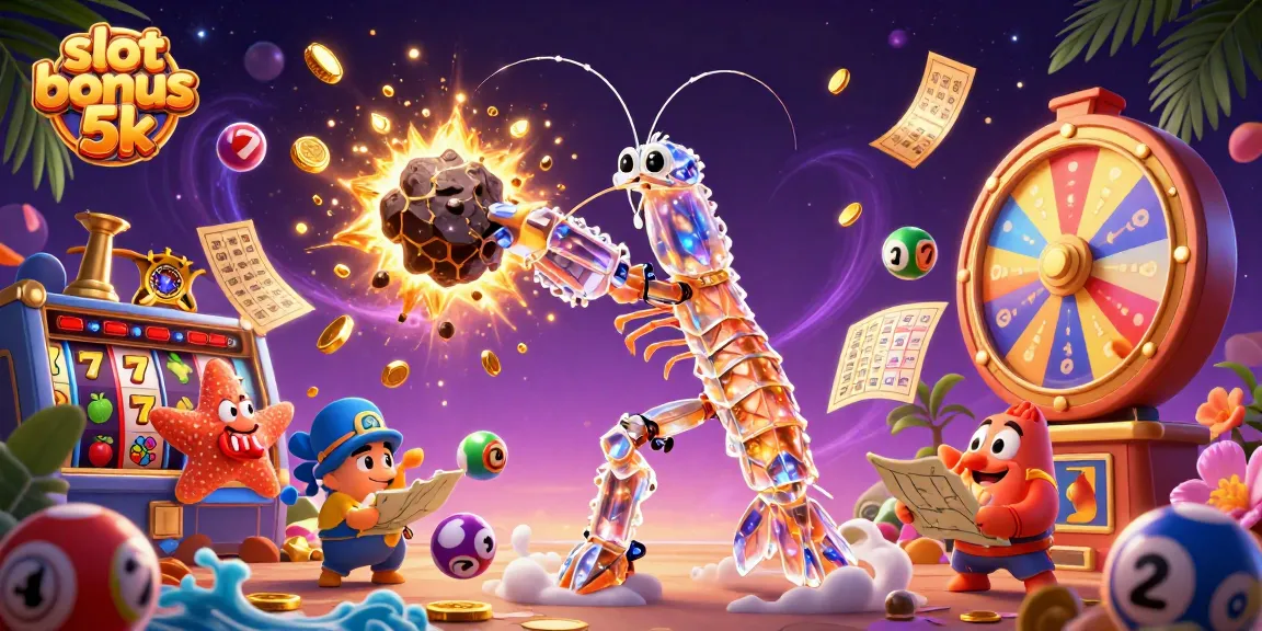 Engage with the thrilling slot bonus 5k, featuring vibrant elements like slot reels and tokens in an energetic casino scene.