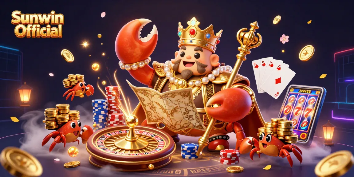 Sunwin Official showcases thrilling gambling action with a majestic crab emperor, vibrant poker chips, and cascading gold.