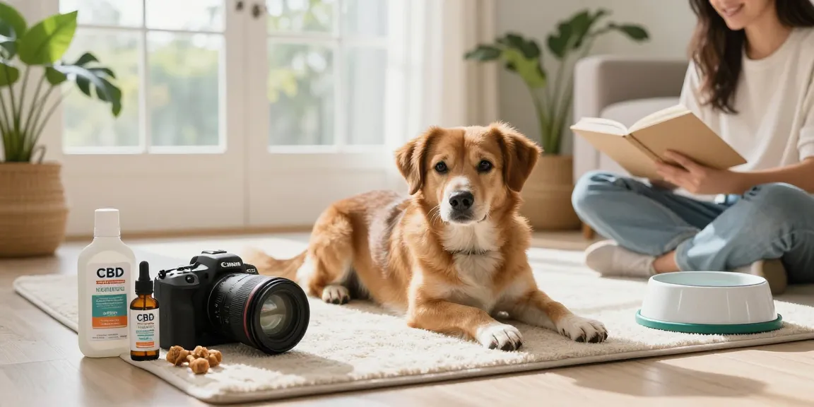 Pet CBD oil beside a relaxed dog in a sunny living room promoting natural wellness and pet health.
