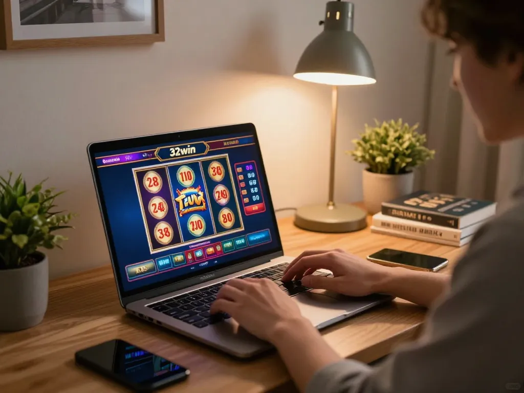 Person enjoying 32win casino games on a laptop in a stylish home office setting