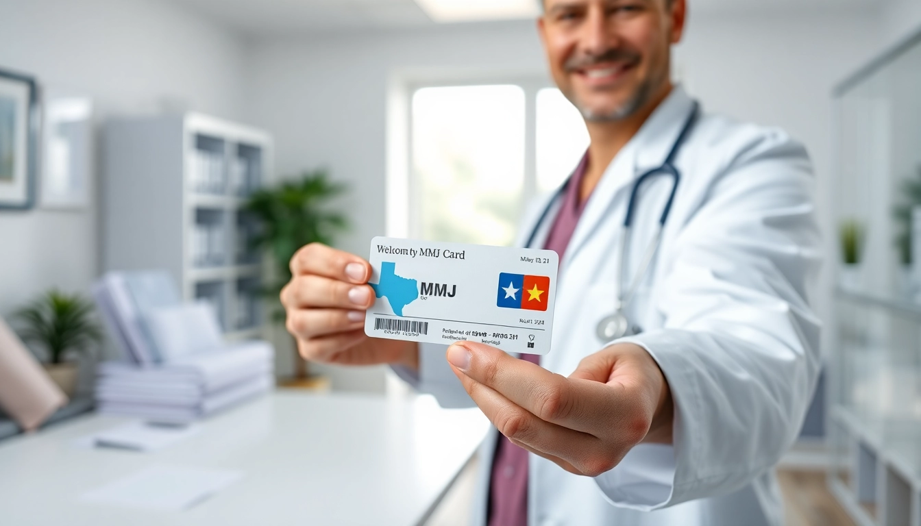 Holding a Texas MMJ card, a doctor in a bright office conveys trust and professionalism.