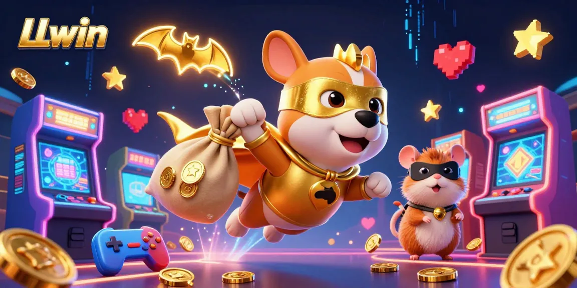 Win big with LLwin as the superhero dog and hamster navigate colorful casino adventures!