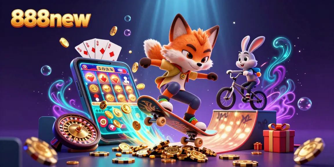 Engage in thrilling gaming adventures with 888new as a fox flips over golden poker chips and rewards erupt.