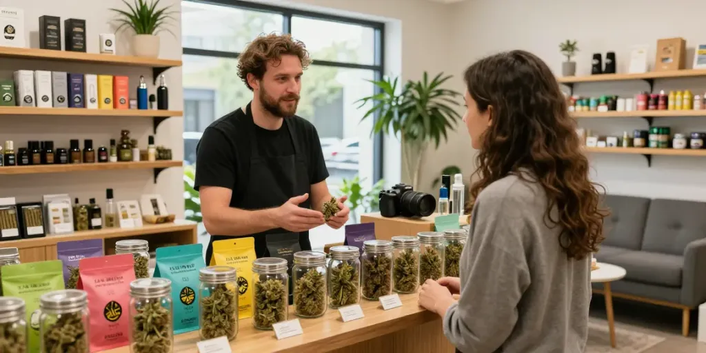 AAA grade cannabis UK strains displayed in a vibrant dispensary.