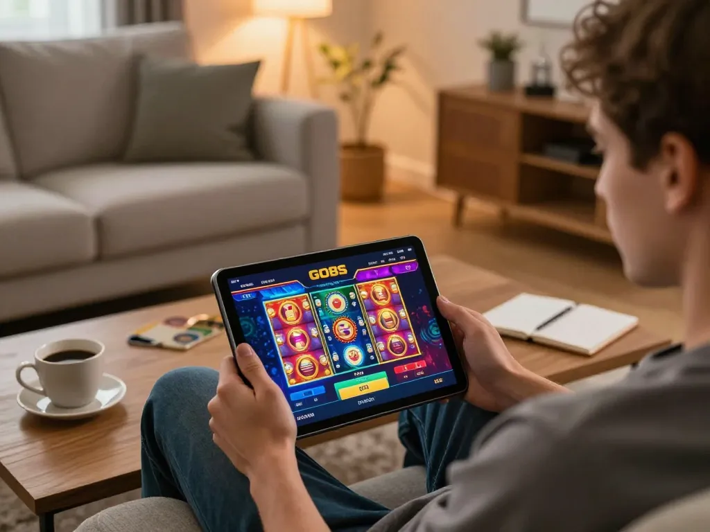 Player enjoying GO8S online casino games in a cozy living room, showcasing vibrant slot graphics and strategic notes.