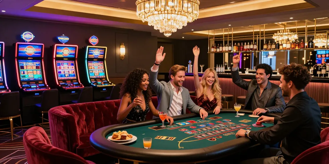 Suasana kasino online luxury12 dengan teman merayakan kemenangan di meja blackjack.