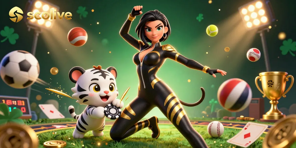 Socolive delivers thrilling sports betting action with vibrant graphics, showcasing an acrobatic gamer and playful tiger.