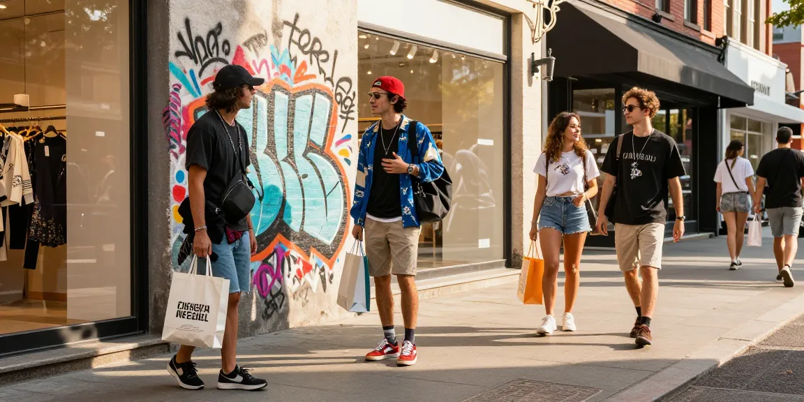 Fashionable individuals shopping at a 레플리카 쇼핑몰 in an urban setting, showcasing trendy styles and vibrant city life.