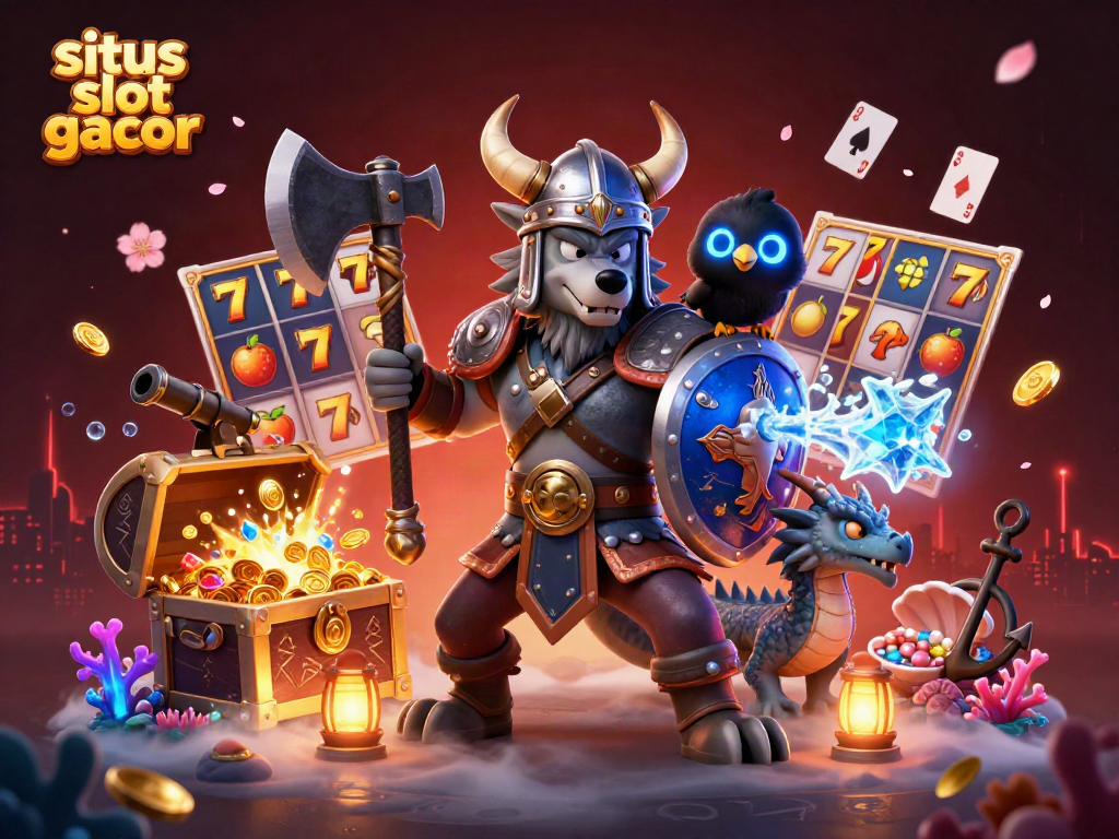 Engage in situs slot gacor action with a Viking wolf warrior, dragon, and treasure in a vibrant 3D scene.