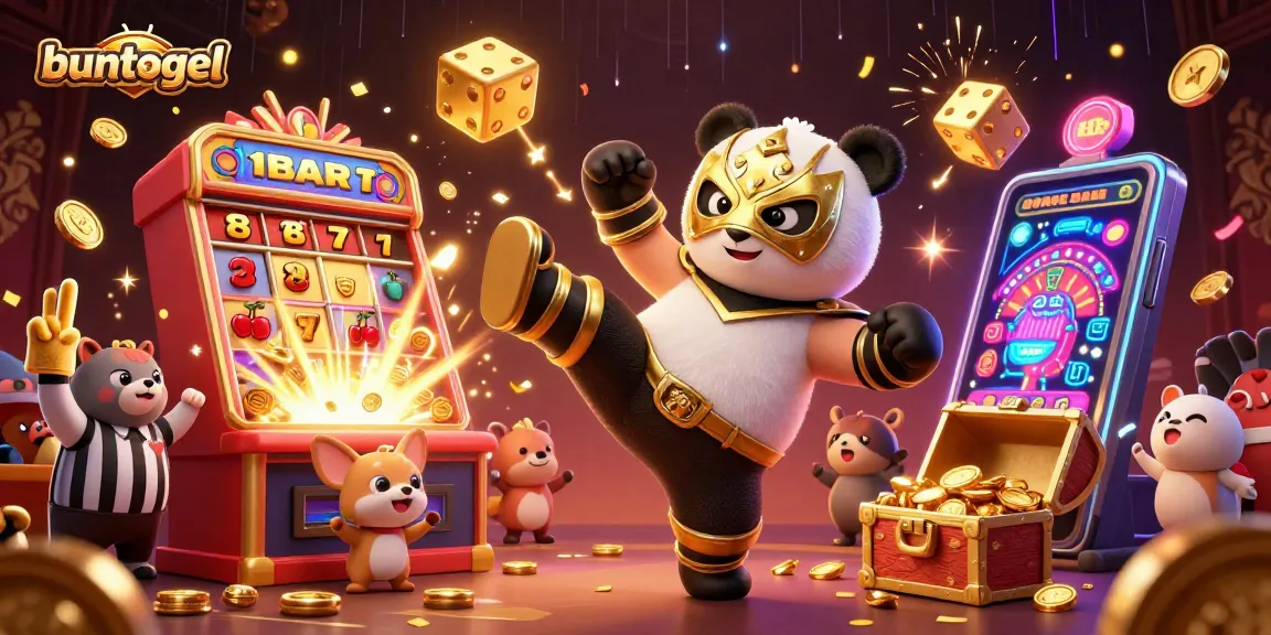 Buntogel's exciting slot gaming scene with a dynamic panda wrestler, cheering animal crowd, and vibrant casino elements.
