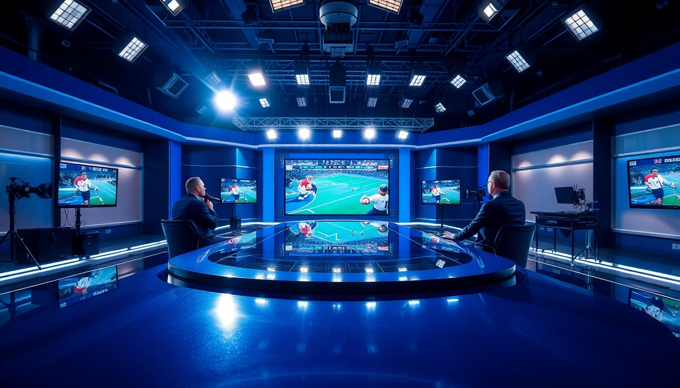 Sports Broadcasting studio with dynamic presenters and high-tech setup creating an energetic atmosphere.