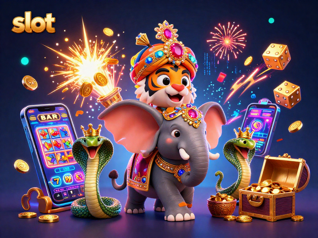 Experience thrilling slot action with a dynamic 3D maharaja and elephant surrounded by jackpot elements.