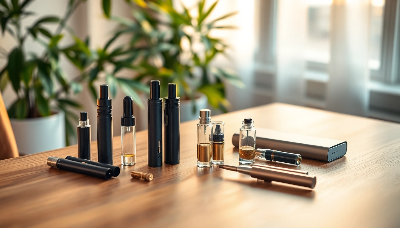 Cannabis Vape display with premium vape pens and cartridges on a wooden table.
