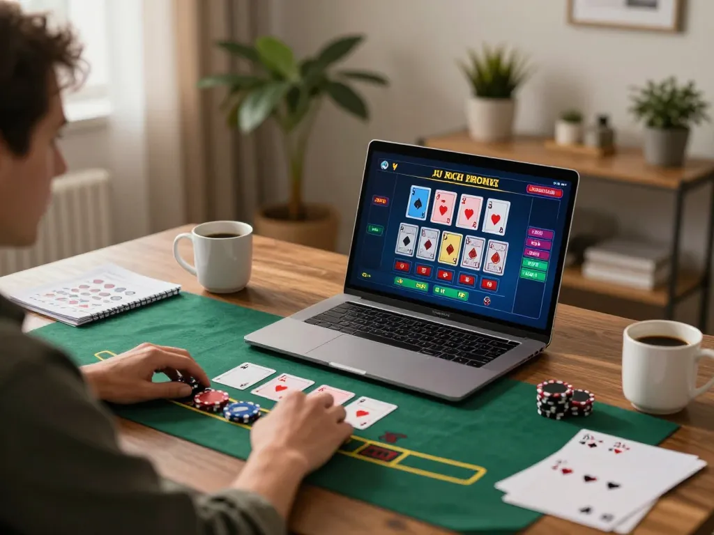 Play blackjack online at vipwin79 with engaging live dealer on a vibrant laptop setup.
