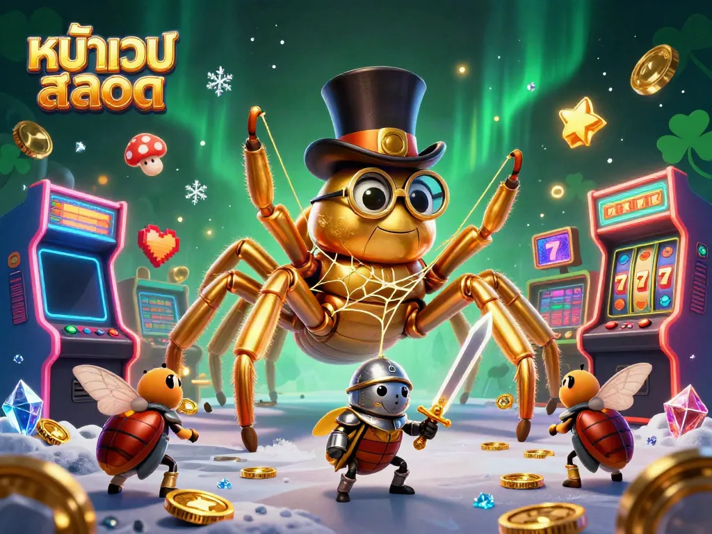 Engage with the vibrant scene of the ทำเว็บสล็อต featuring interactive gaming elements and a captivating golden tarantula.