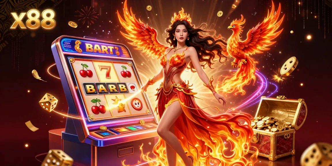 x88 invites players to win big with dynamic slot machines and fiery characters in a vibrant casino scene.