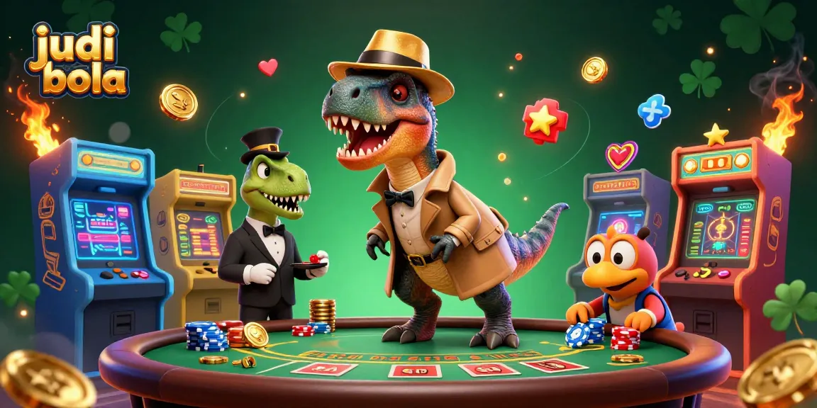 Experience judi bola excitement with a velociraptor card counter and casino-themed elements in a dynamic scene.