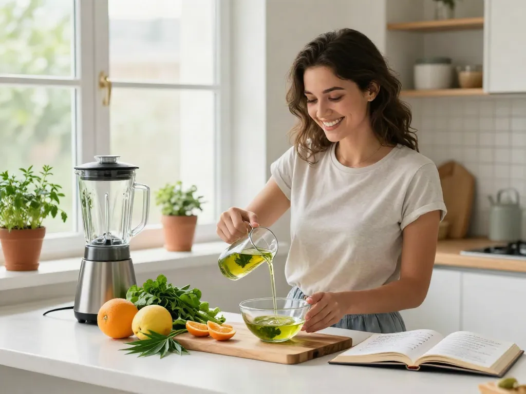 California online dispensary that ships: Preparing CBD-infused smoothie in a bright kitchen.