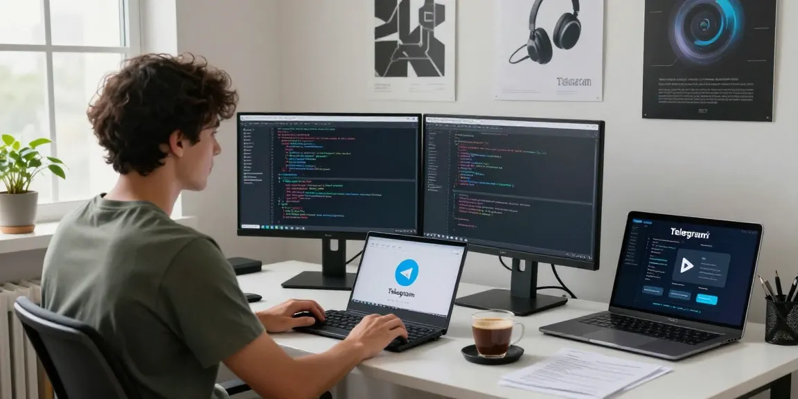 telegram中文版下载 in a modern workspace with a developer coding on dual monitors and engaging environment.