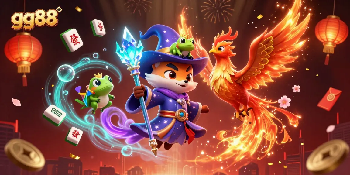 Experience the excitement with gg88 in this vibrant 3D casino illustration featuring a wizard fox and phoenix.