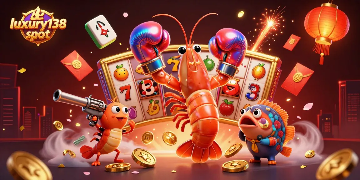 Experience thrilling action with the luxury138 slot featuring vibrant shrimp characters amidst dynamic casino elements.