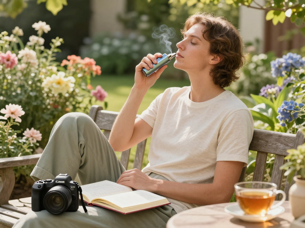 Discover canabis vape benefits with a relaxing wellness moment enjoyed outdoors, surrounded by nature and organic products.