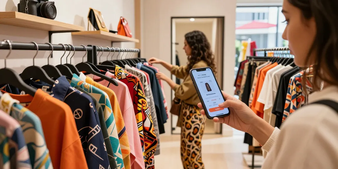 Customer exploring stylish apparel at https://shs-dome5.com/ boutique, vibrant fashion atmosphere.