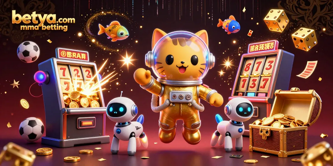 Experience exciting betya.com MMA betting action with a cat astronaut and robotic dog amid dynamic gold coins and sports elements.
