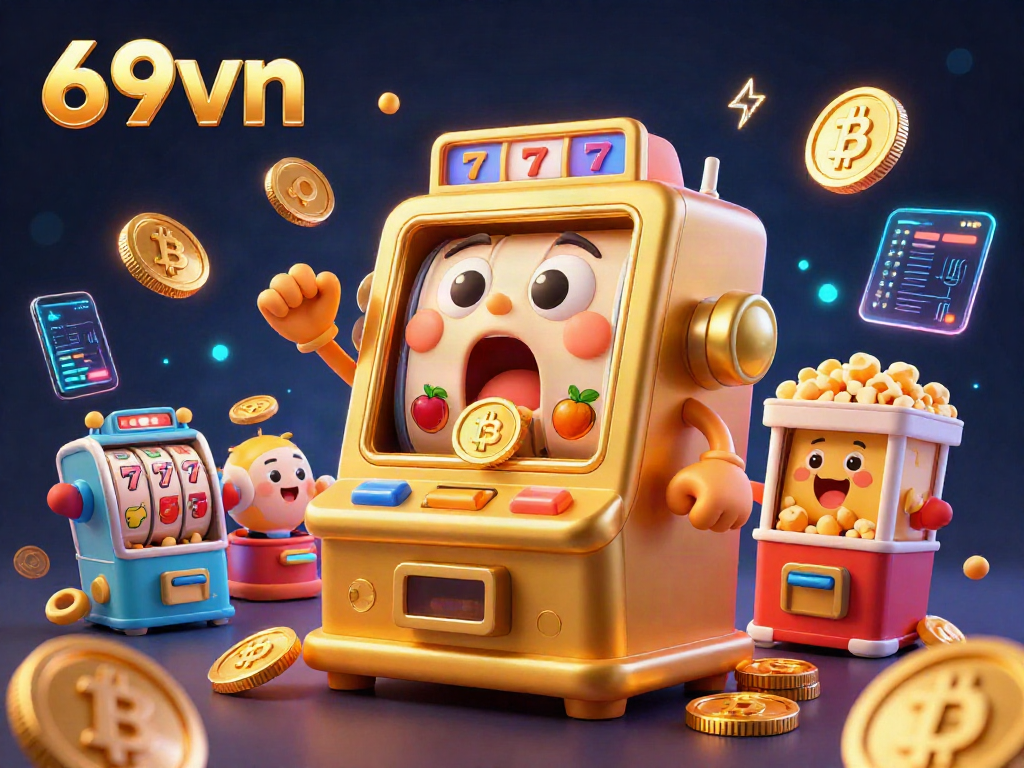 Experience winning moments with the lively scene featuring 69vn's jackpot slot machine and energetic game characters.