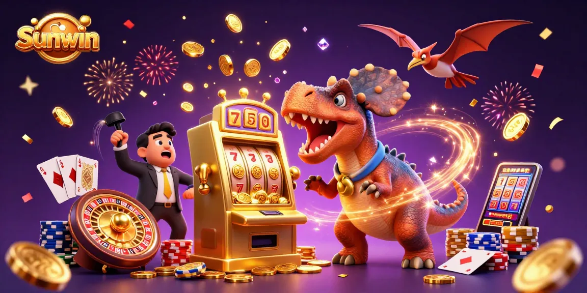 Sunwin jackpots come alive in a colorful casino scene with flying coins and dynamic characters.