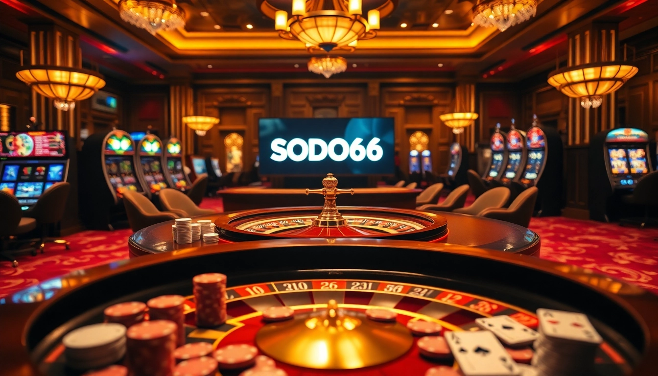 SODO66 casino scene displaying a luxurious roulette table, poker chips, and vibrant slot machines.