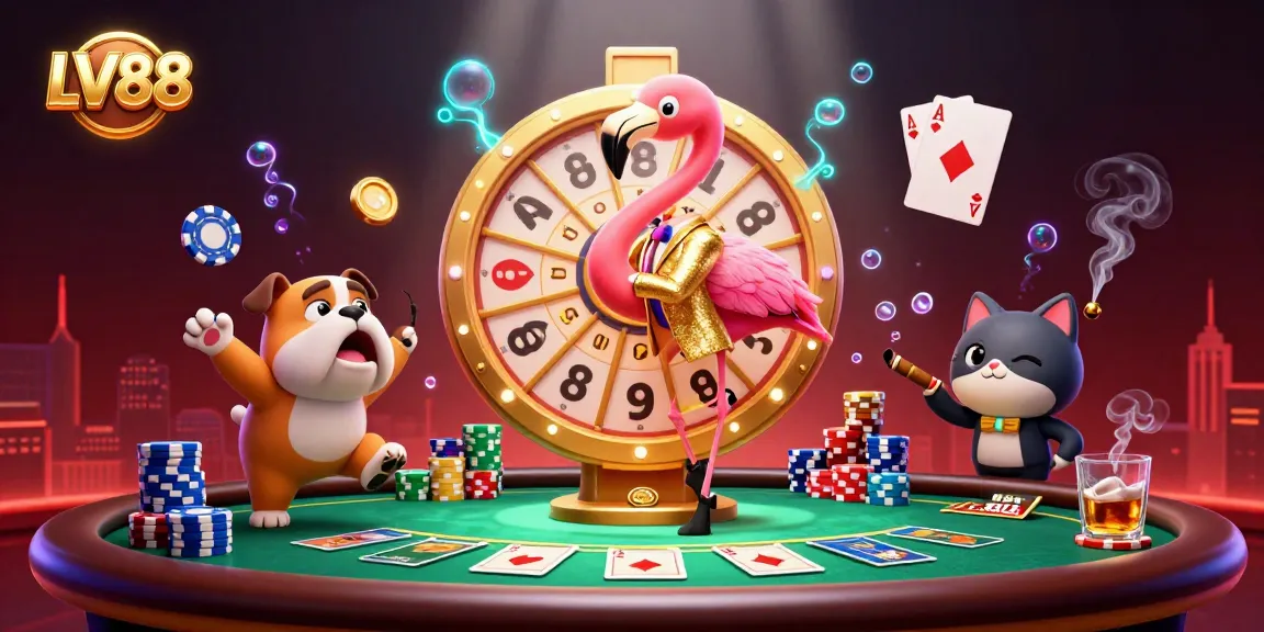 Spin the golden prize wheel with LV88 in a vibrant 3D casino scene featuring exciting characters and elements.