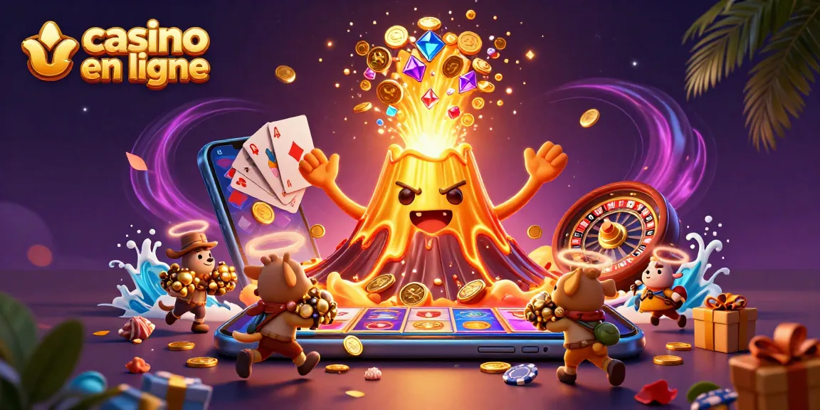 Casino en ligne: Illustration dynamique avec un volcan doré éruptif et des trésors en folie.