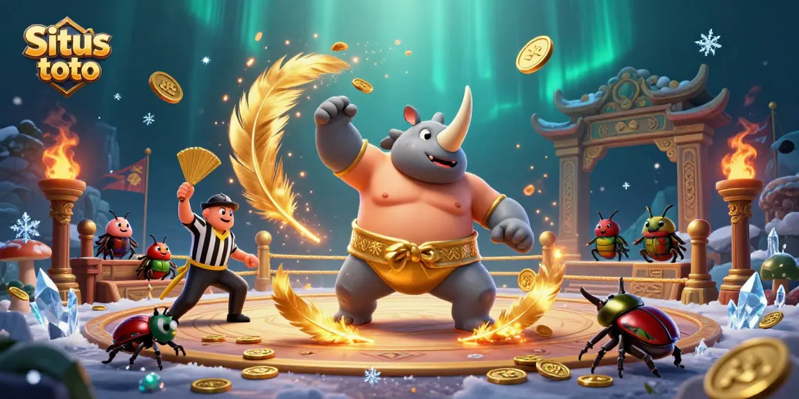 Situs toto illustrates a dynamic casino scene with a sumo champion and a referee, capturing intense gambling excitement.