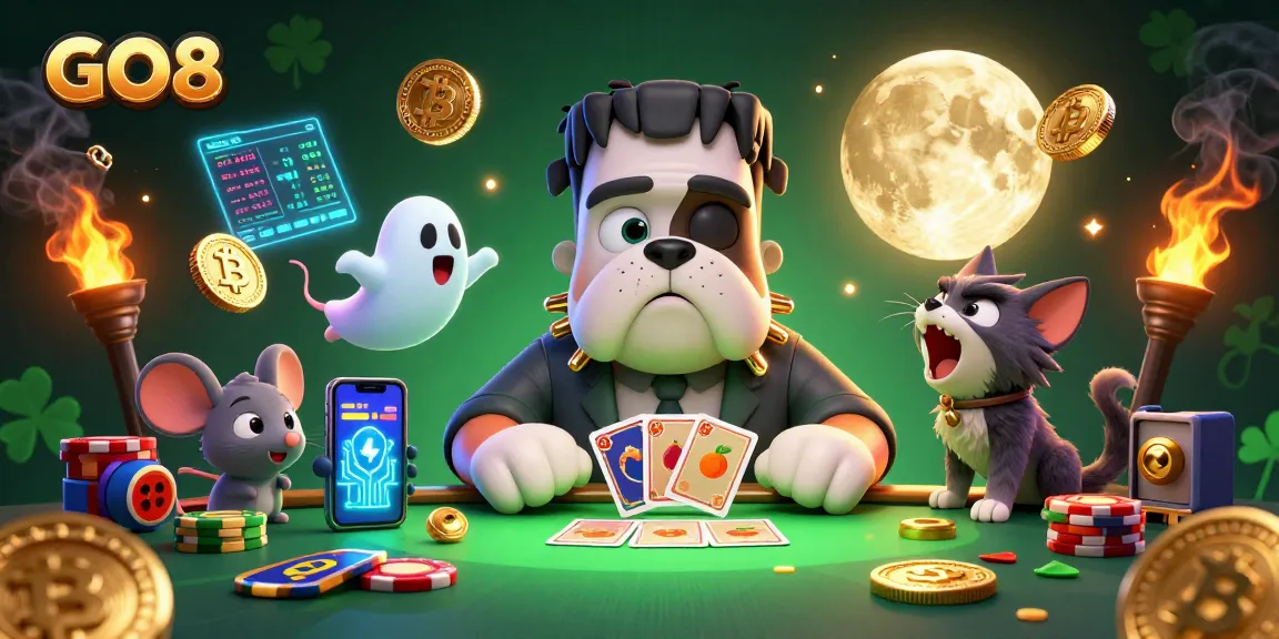Experience thrilling gaming at GO8 with colorful characters and casino elements in a dynamic scene.