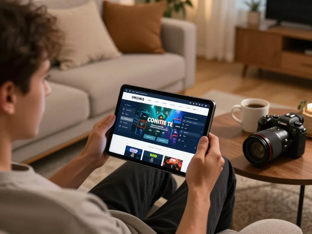 Engaged player using a tablet for online gambling at 888NEW in a cozy home setting.