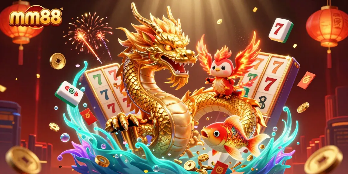 Spin and win with mm88 in a vibrant 3D casino scene featuring a golden dragon and phoenix.