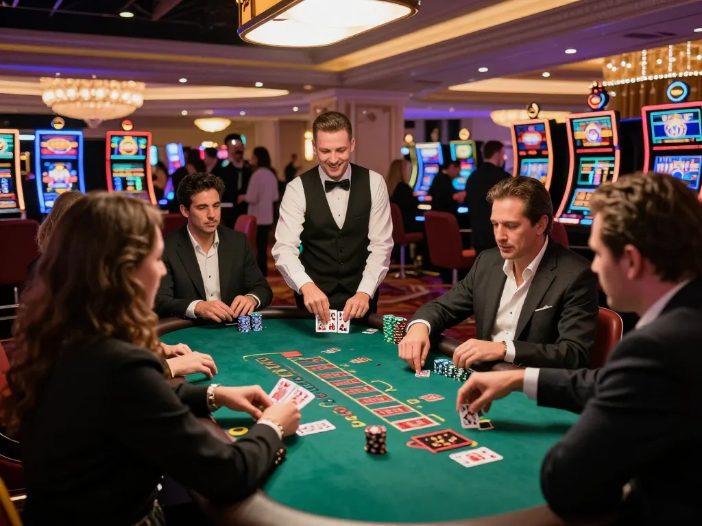 Players at a high-stakes blackjack table in an upscale casino setting at https://s8inc.com/ with dealer and chips visible