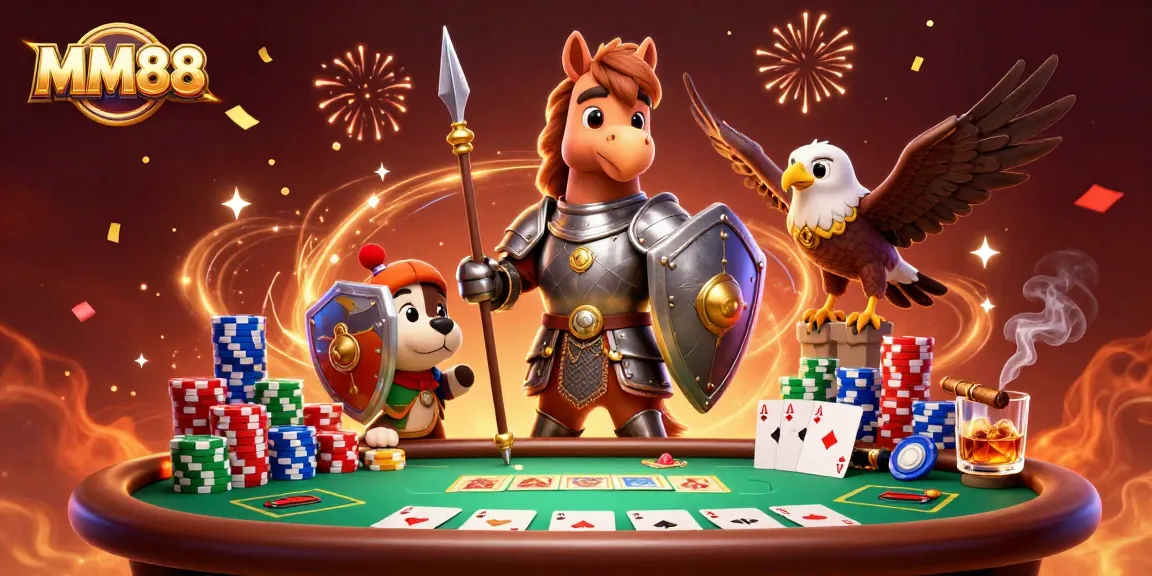 Engage in thrilling moments with MM88's immersive poker scene featuring a knight and friends.