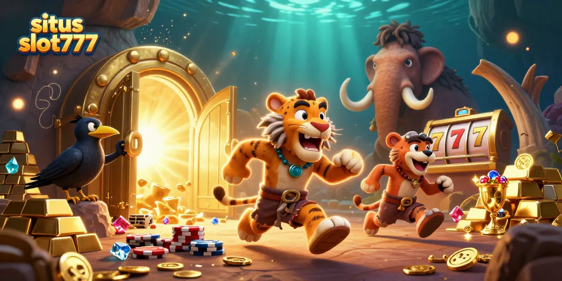 Situs slot777 showcases a vibrant casino scene with slots and treasures, engaging players in the action.