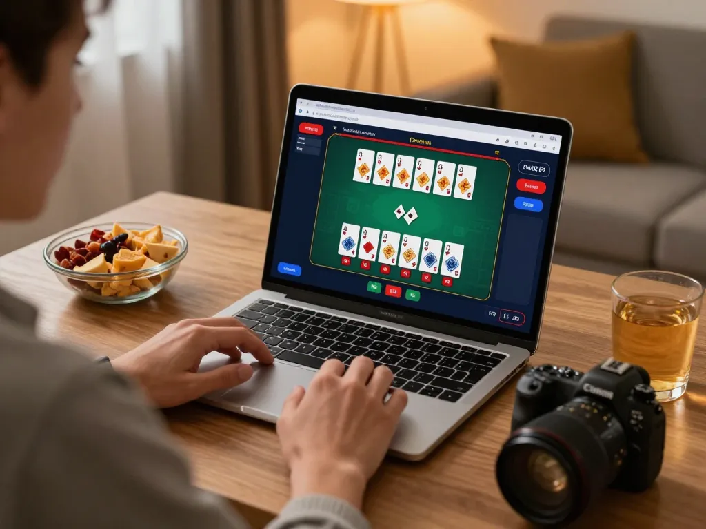 Engaged player exploring lc88 blackjack strategy on a laptop in a cozy atmosphere.