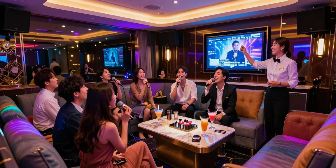 Enjoying a night out at 강남 가라오케 with friends in a vibrant lounge.