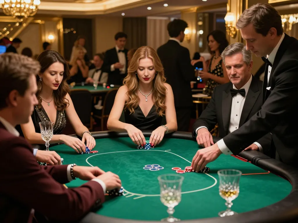 vip99win players engaged in high-stakes poker game, showcasing luxury ambiance and strategic focus